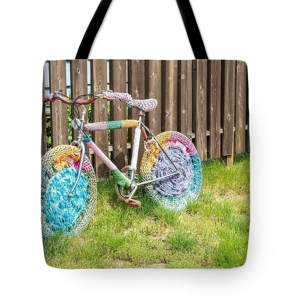 Crocheted Bicycle Tote Bag featuring the photograph Crocheted Bicycle by Tom Cochran