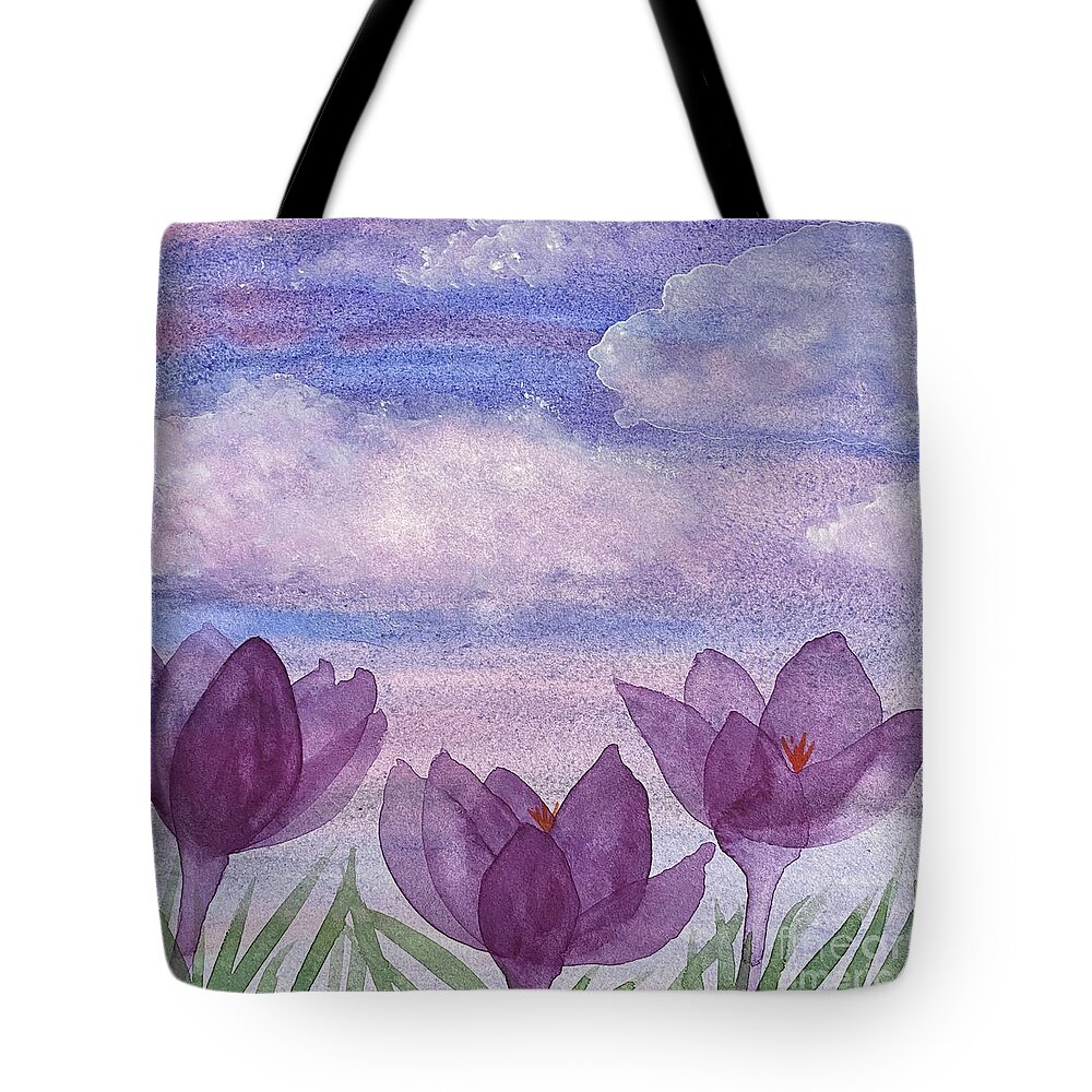 Crocuses Tote Bag featuring the painting Crocuses and Clouds by Lisa Neuman