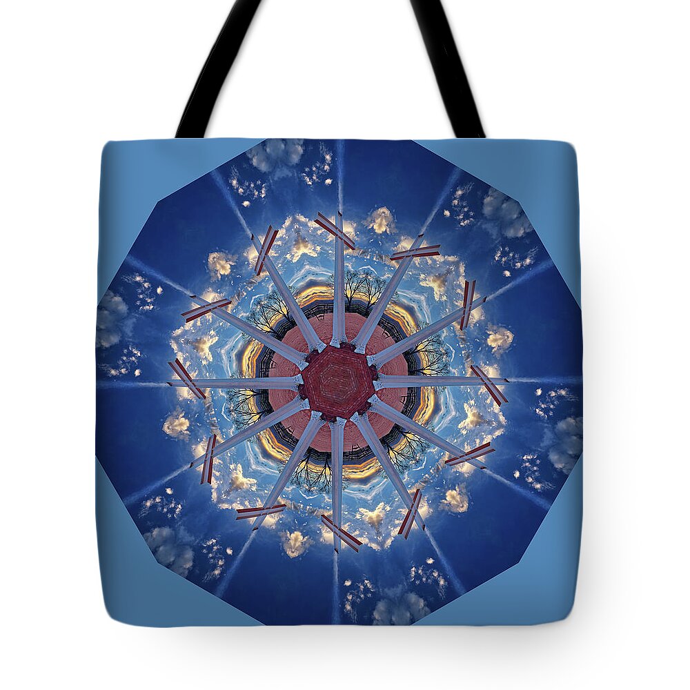 Mandala Tote Bag featuring the photograph Cross Mandala - Cross of the Martyrs historical monument in Santa Fe New Mexico by Peter Herman