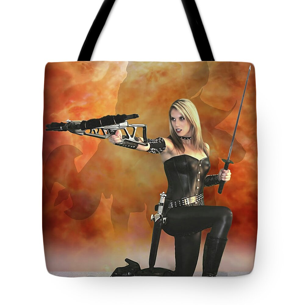 Crossbow Tote Bag featuring the photograph Crossbow Heroine by Jon Volden