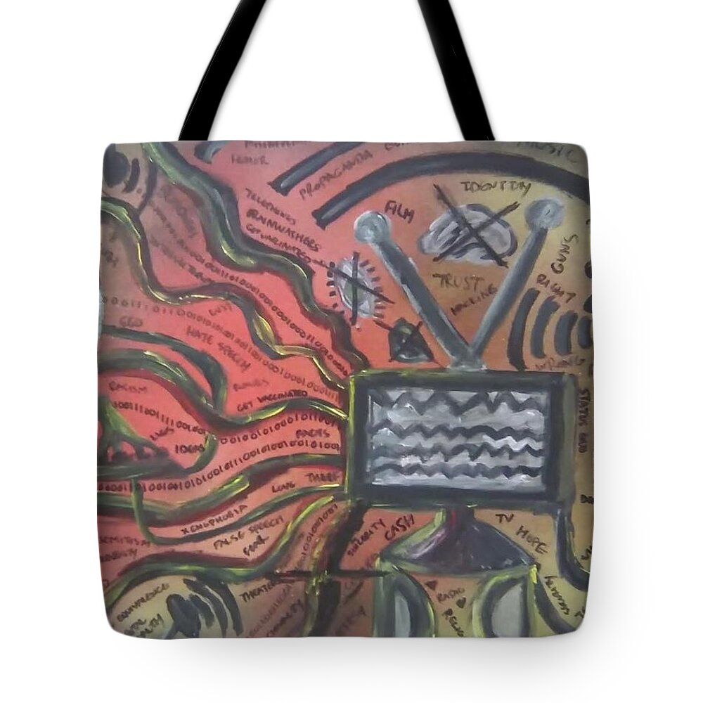 Communication Tote Bag featuring the mixed media Cruel Static by Andrew Blitman