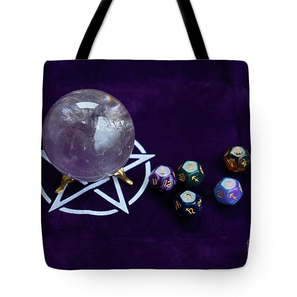 Astrology Tote Bag featuring the photograph Crystal Ball and Divination Dice by Anastasy Yarmolovich