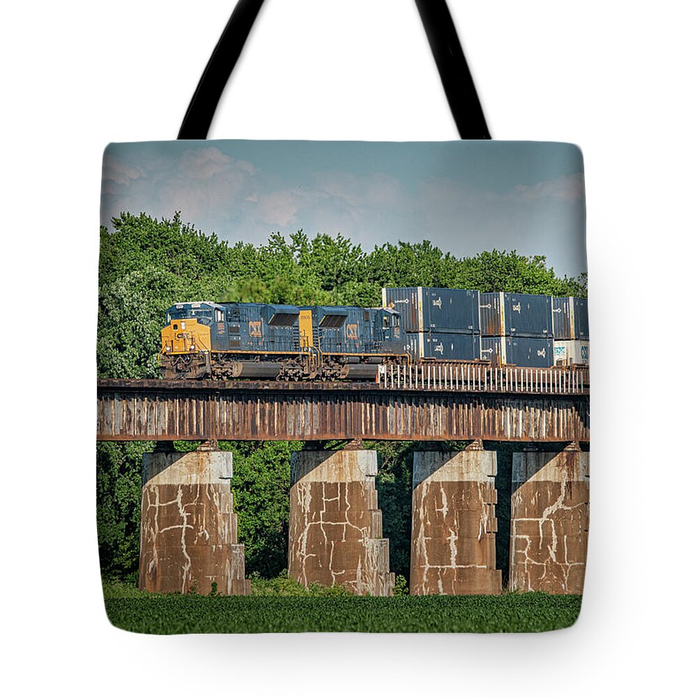 Railroad Tote Bag featuring the photograph CSX Intermodal Q026-12 NB over the Ohio River Bridge at Henderson KY by Jim Pearson