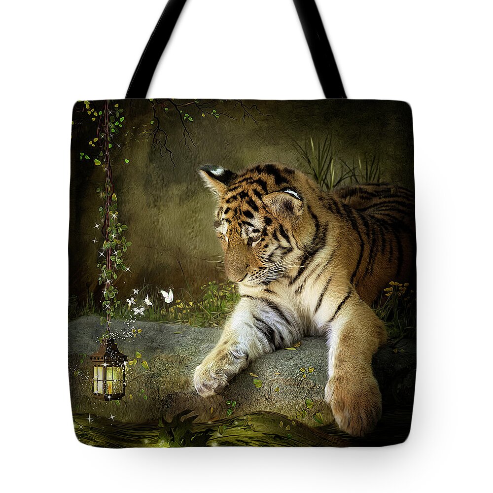 Tiger Tote Bag featuring the digital art Curiosity by Maggy Pease
