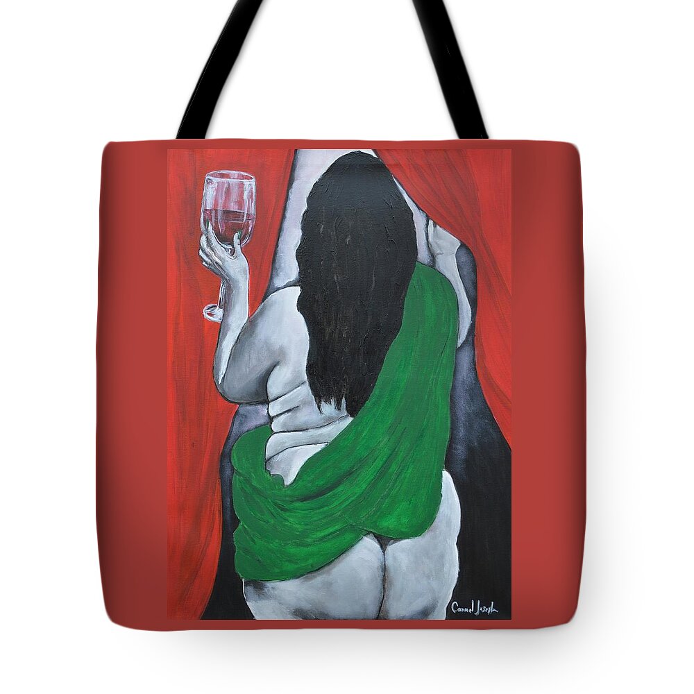 Nude Tote Bag featuring the painting Curvaceous Allure by Carmel Joseph