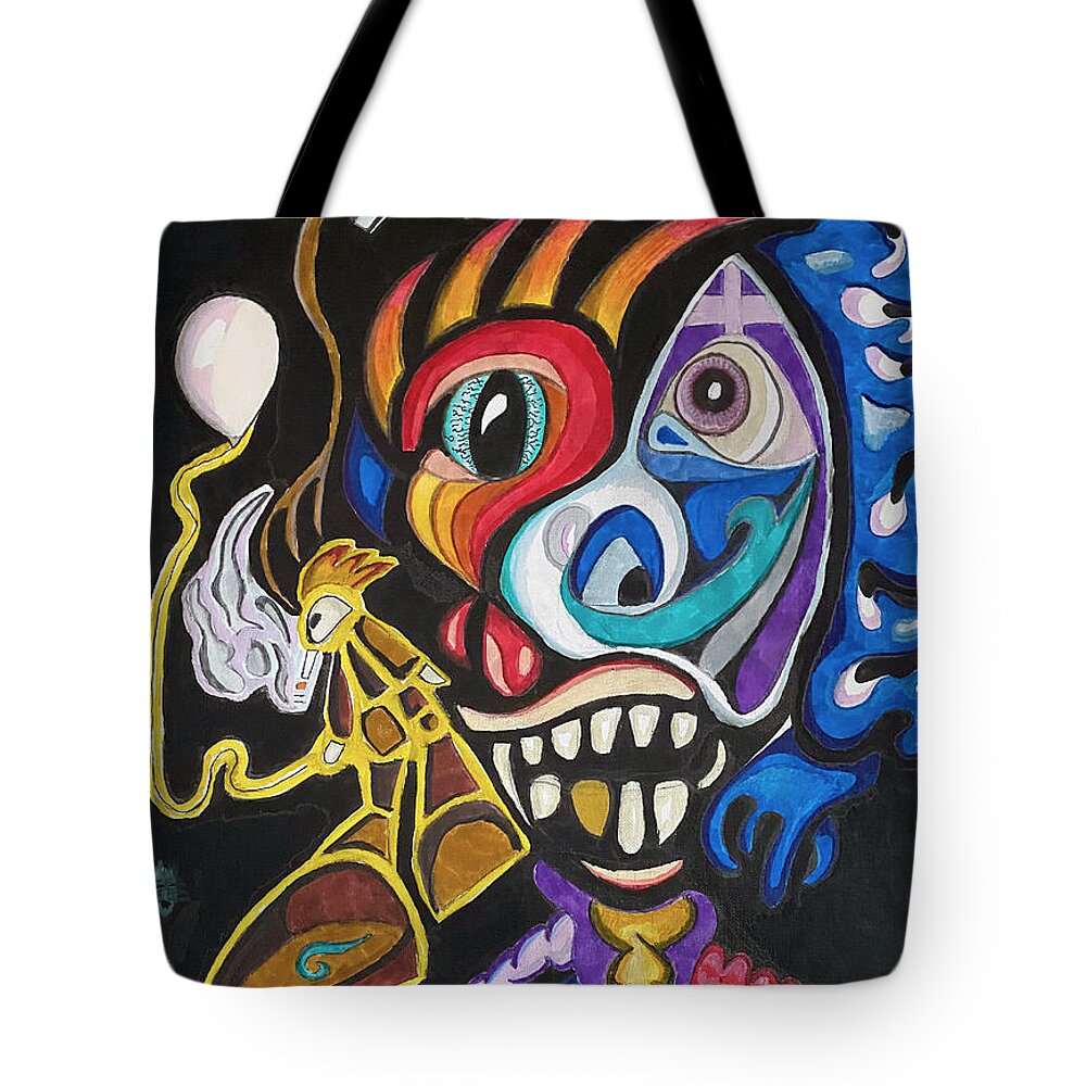 Clown Tote Bag featuring the mixed media Cut The Cord by Jeff Malderez