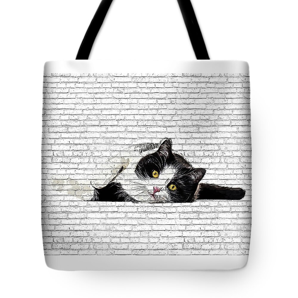 Charming Tote Bag featuring the painting Cute and Charming, Black and White Cat - Brick Block Background by Custom Pet Portrait Art Studio