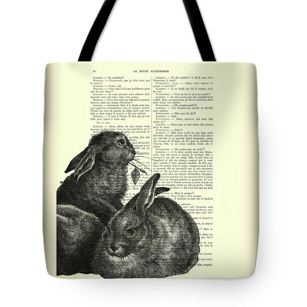 Bunny Tote Bag featuring the digital art Cute bunny family in black and white by Madame Memento