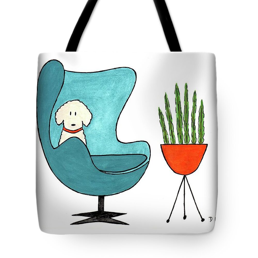 Arne Jacobsen Egg Chair Tote Bag featuring the painting Cute Dog in Teal Arne Jacobsen Chair by Donna Mibus
