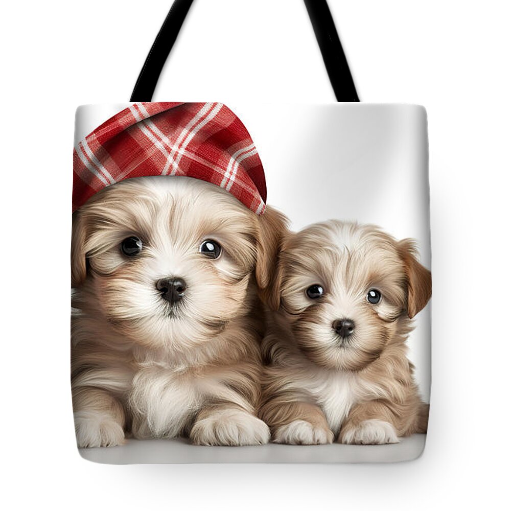Puppy Tote Bag featuring the digital art Cute dogs and their older ones in Santa hats in front of an isolated white background by Odon Czintos