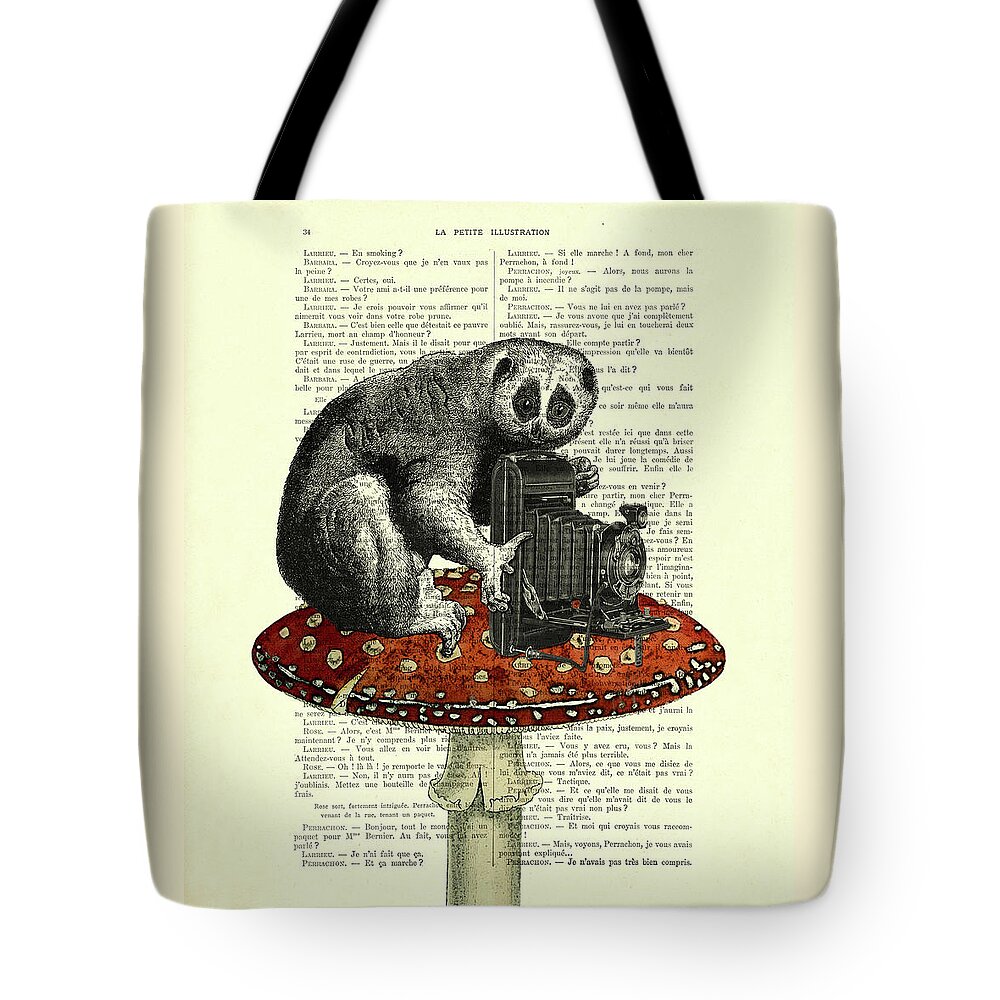 Slow Loris Tote Bag featuring the mixed media Cute Photographer by Madame Memento