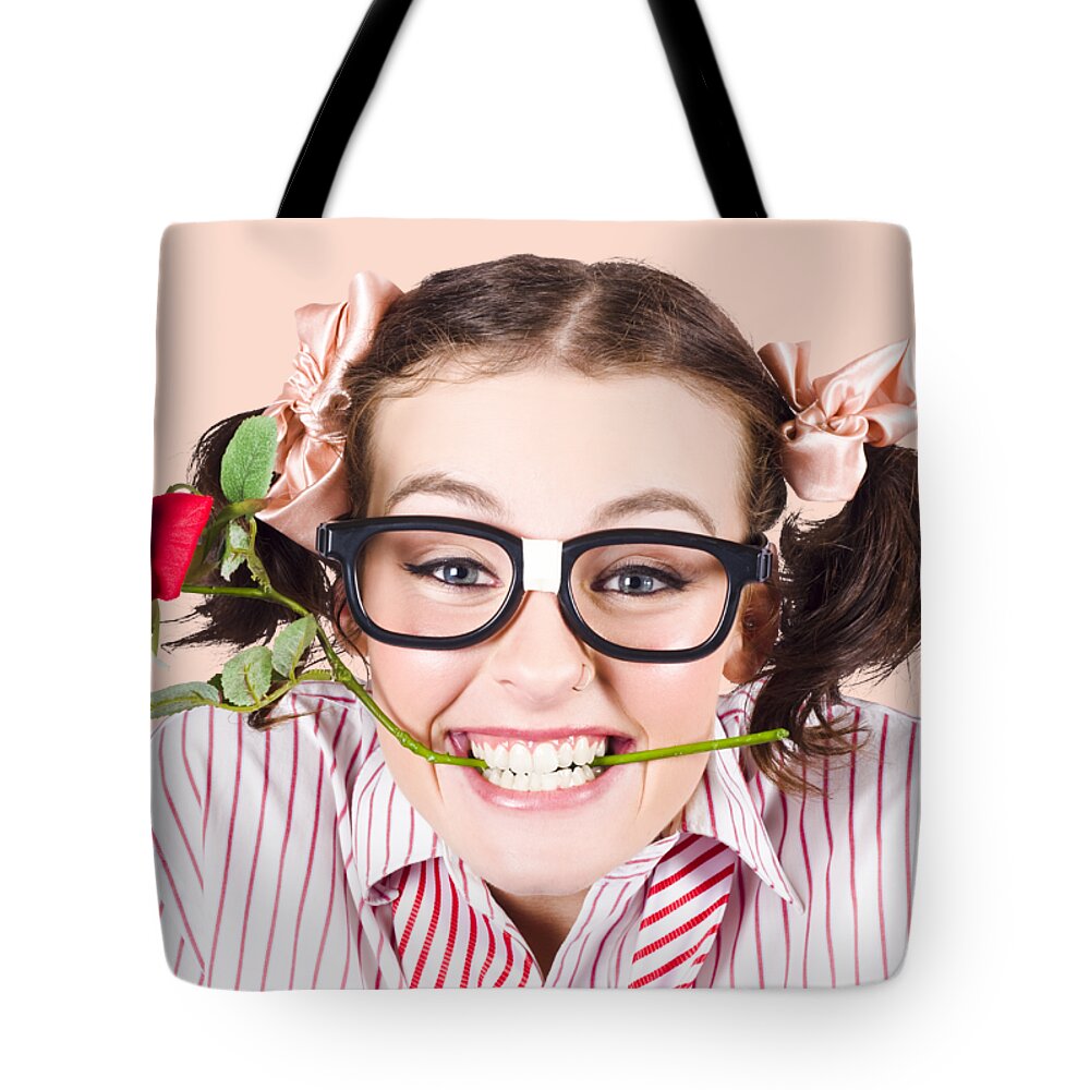 Funny Tote Bag featuring the photograph Cute Smiling Woman Wearing Nerd Glasses With Rose by Jorgo Photography