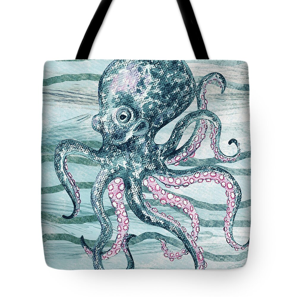 Octopus Tote Bag featuring the painting Cute Teal Blue Watercolor Octopus On Calm Wave Beach Art by Irina Sztukowski