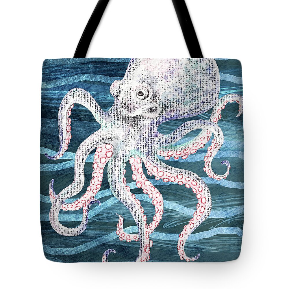 Octopus Tote Bag featuring the painting Cute Watercolor Octopus On A Blue Wave Beach Art by Irina Sztukowski