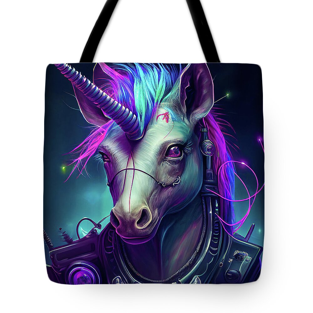 Unicorn Tote Bag featuring the digital art Cyberpunk Unicorn Portrait 01 by Matthias Hauser