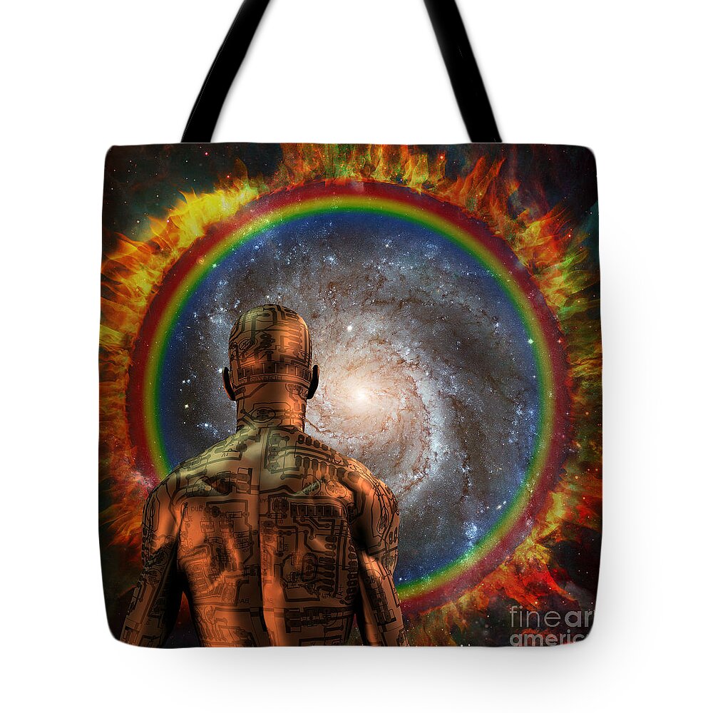 Cyborg Tote Bag featuring the digital art Cyborg before the space portal by Bruce Rolff