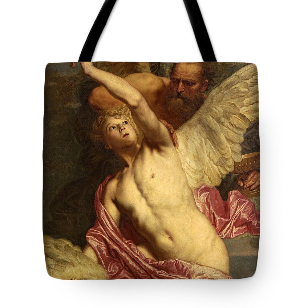 Pieter Thijs Tote Bag featuring the painting Daedalus fixing wings onto the shoulders of Icarus by Pieter Thijs
