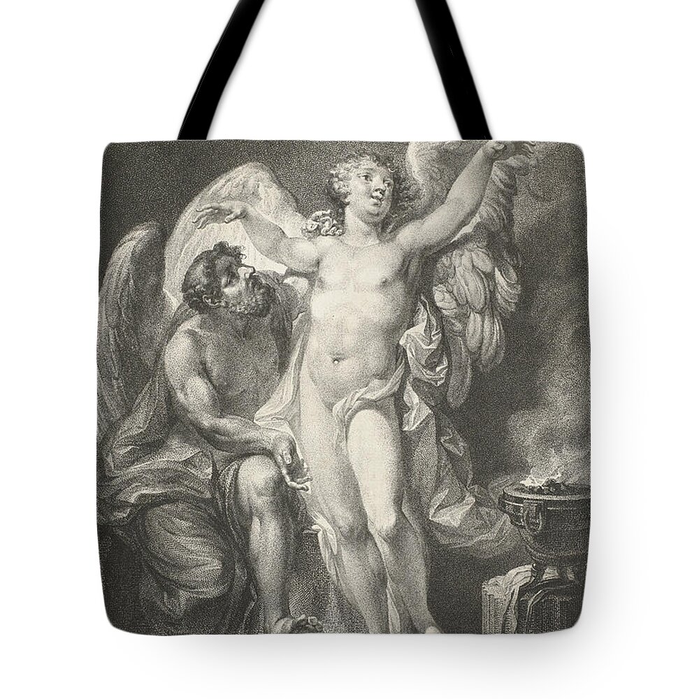 Christian Friedrich Stolzel Tote Bag featuring the drawing Daedalus teaches Icarus how to fly by Christian Friedrich Stolzel