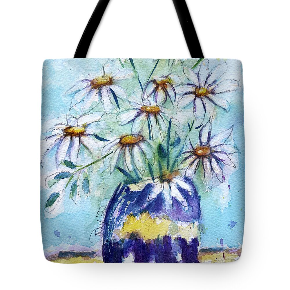Loose Floral Tote Bag featuring the painting Daisies in a Purple Vase by Roxy Rich