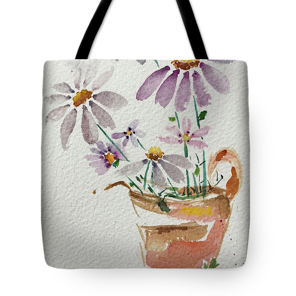 Daisy Tote Bag featuring the painting Daisies in a Rusty Copper Pitcher by Roxy Rich
