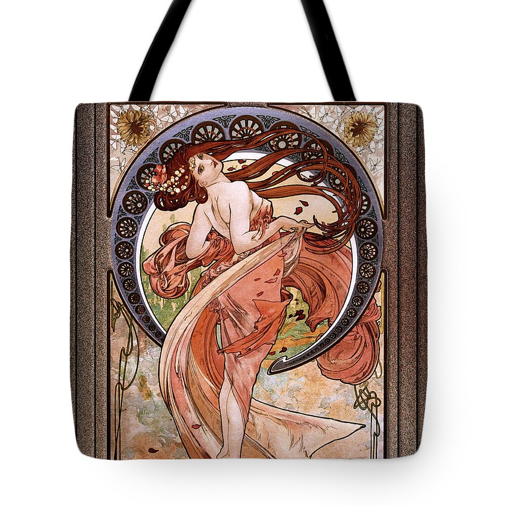Dance Tote Bag featuring the painting Dance by Alphonse Mucha Black Background by Rolando Burbon
