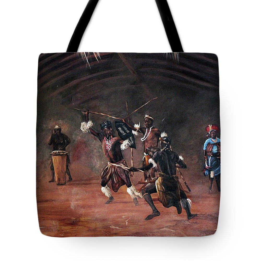 African Art Tote Bag featuring the painting Dance Of Spears by Ronnie Moyo