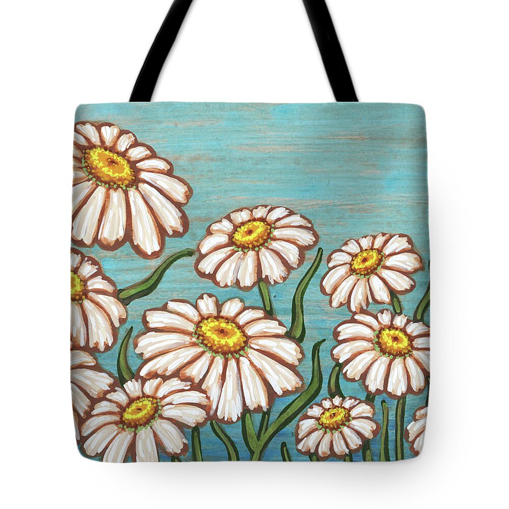 Daisy Tote Bag featuring the painting Dancing Daisy Daydreams in Parrot Blue Skies by Amy E Fraser