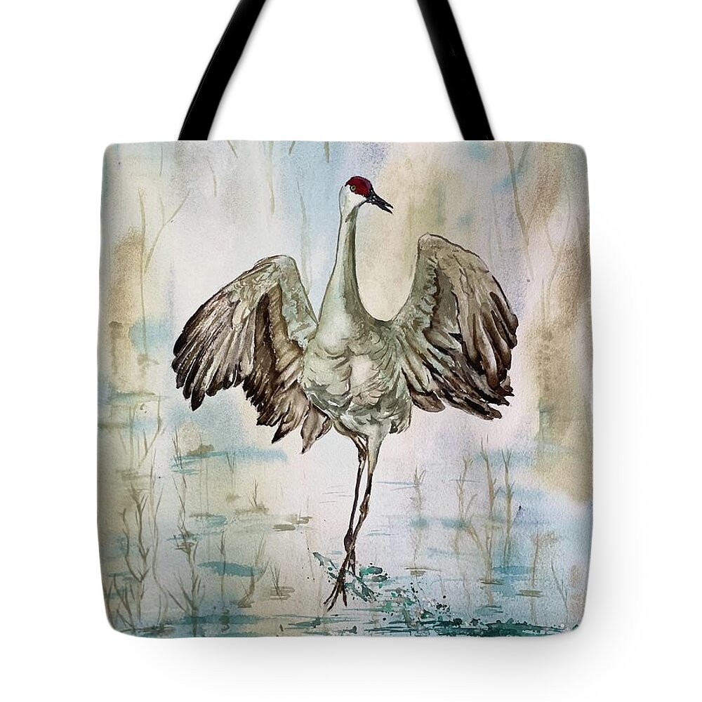 Sand Hill Crane Tote Bag featuring the painting Dancing by Diane Ziemski