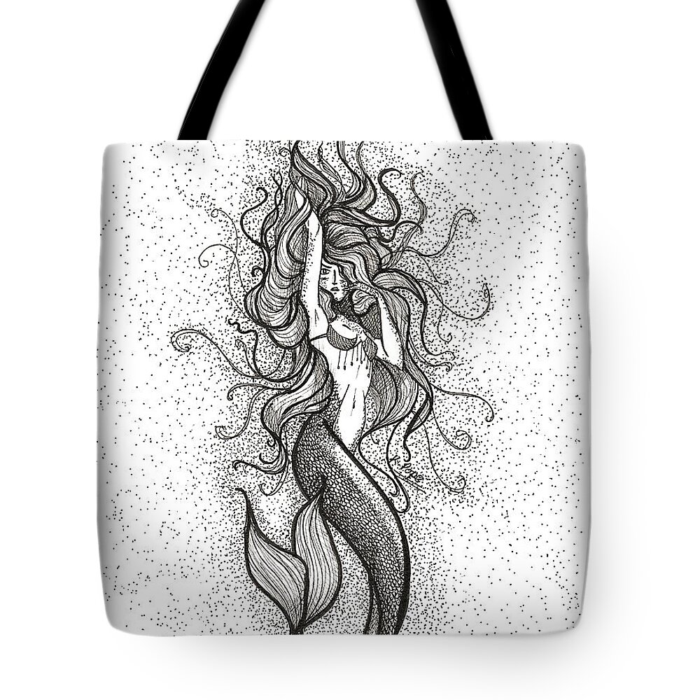 #mermaid #mermaids #mermaidlife #ocean #bathroom #decor #kpope Tote Bag featuring the drawing Dancing Waves Enchanting Mermaid by Kenneth Pope
