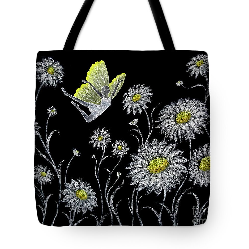  Daisy Tote Bag featuring the drawing Dancing with Daisies by Yoonhee Ko