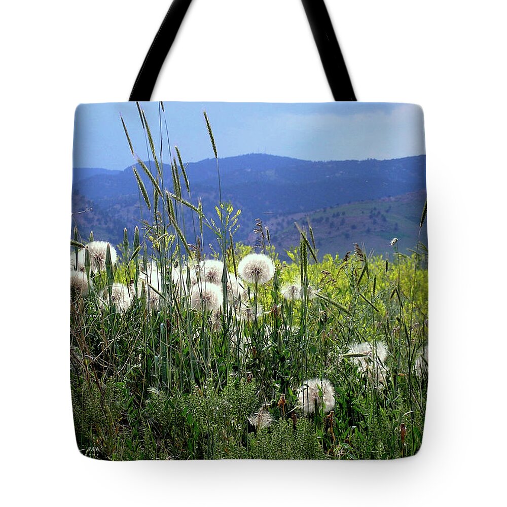 Dandelion Tote Bag featuring the photograph Dandelions and Mountains by Kathryn Alexander MA