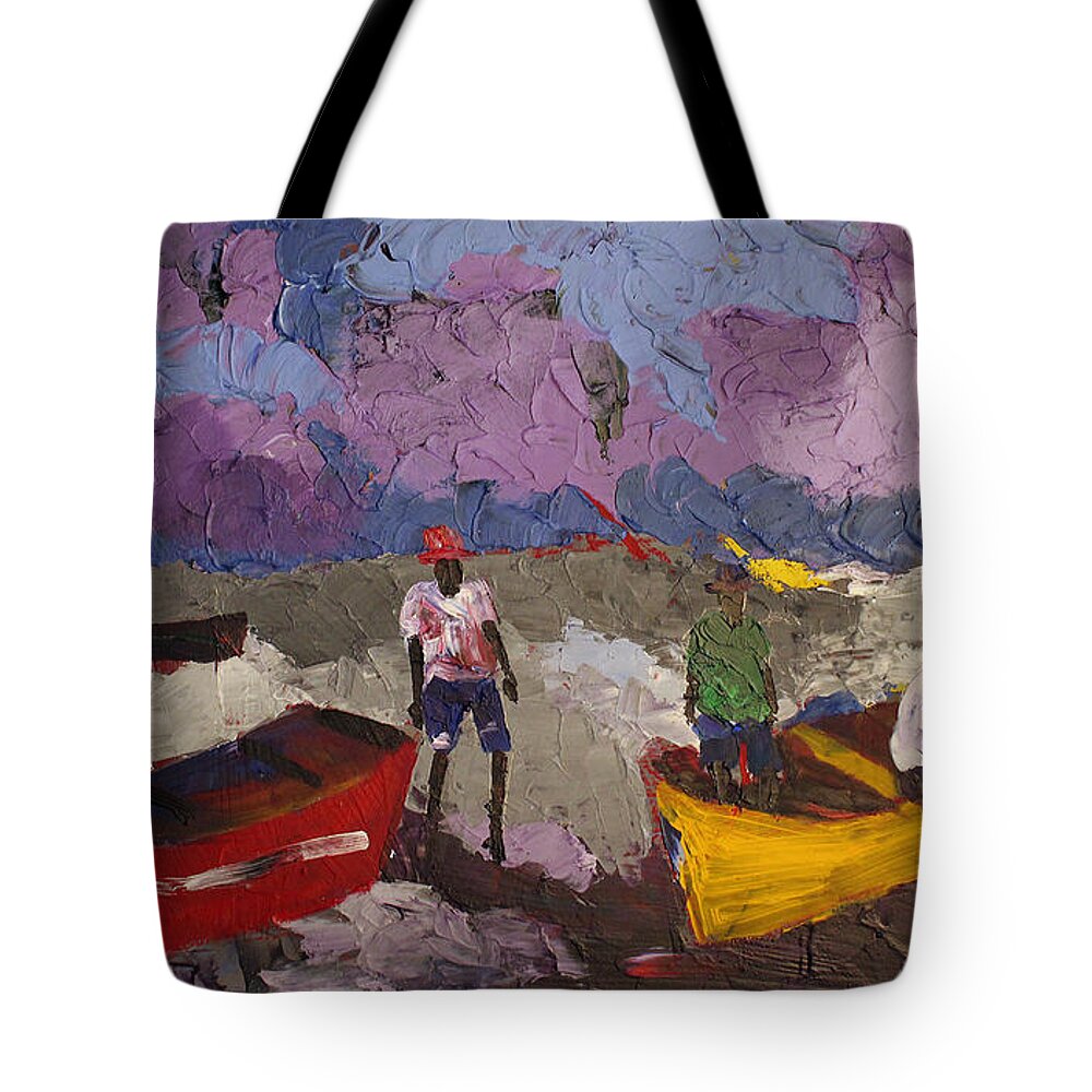 African Art Tote Bag featuring the painting Dark Purple Fishing Sky by Tarizai Munsvhenga
