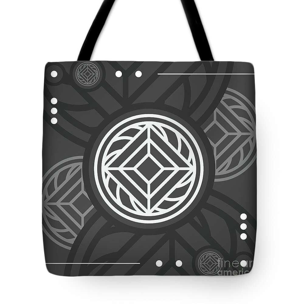 Abstract Tote Bag featuring the mixed media Dark Steely Geometric Glyph Art in Black Gray and White n.0270 by Holy Rock Design