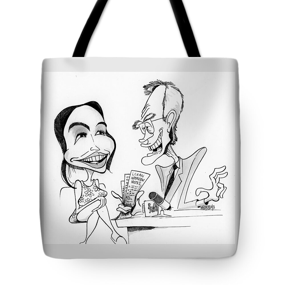 David Tote Bag featuring the drawing David Letterman and Lindsay Lohan by Michael Hopkins