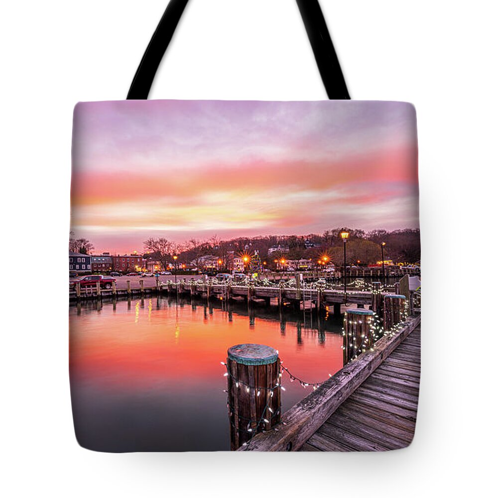 Pier Tote Bag featuring the photograph Dawn Over Northport Harbor by Sean Mills