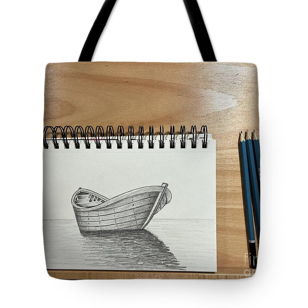  Tote Bag featuring the drawing Day 130 Boat Sketch by Donna Mibus