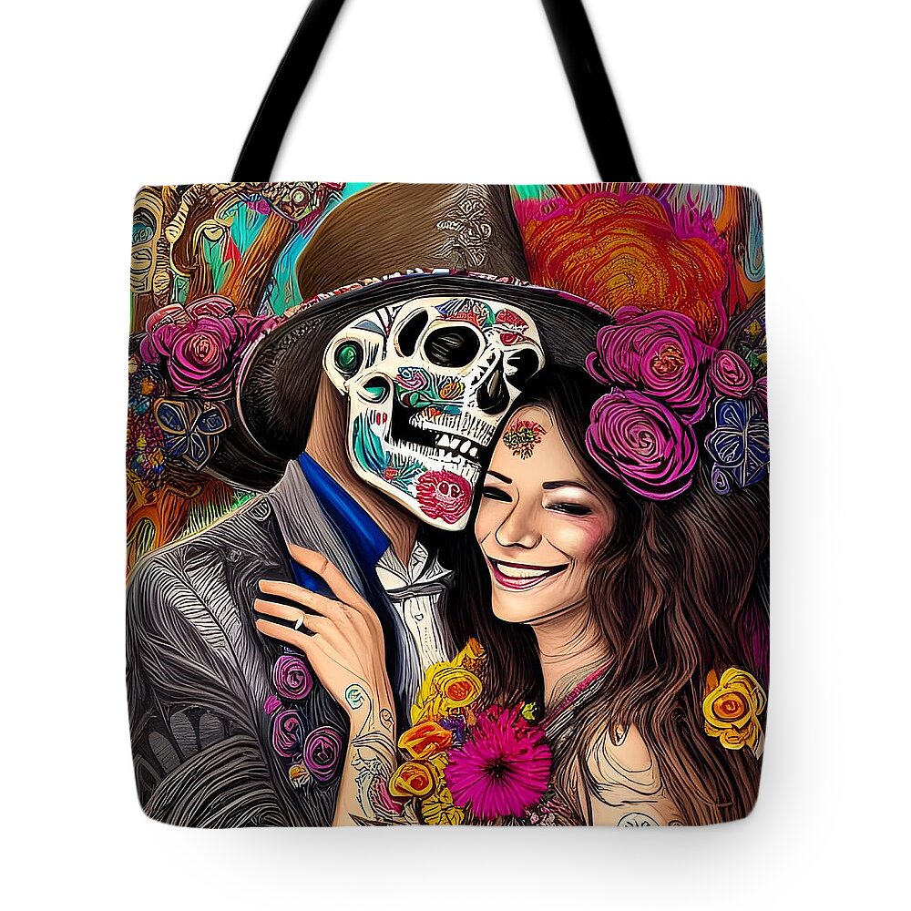 Digital Tote Bag featuring the digital art Day of the Dead Reunion II by Beverly Read