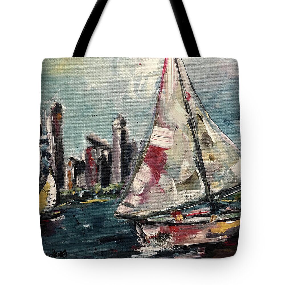 Sailboats Tote Bag featuring the painting Daytime Sailing Chicago by Roxy Rich