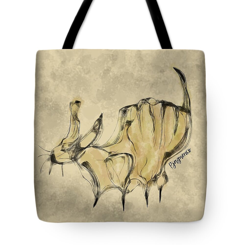 Cat Tote Bag featuring the digital art Deadly cat silently approaching by Ljev Rjadcenko