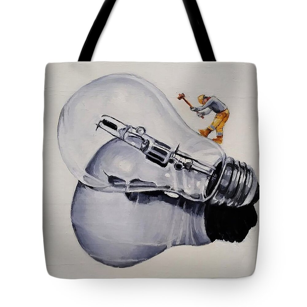 Lightbulb Tote Bag featuring the painting Death Of An Idea by Jean Cormier