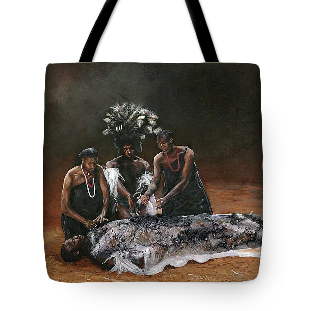 African Art Tote Bag featuring the painting Death of Nandi by Ronnie Moyo