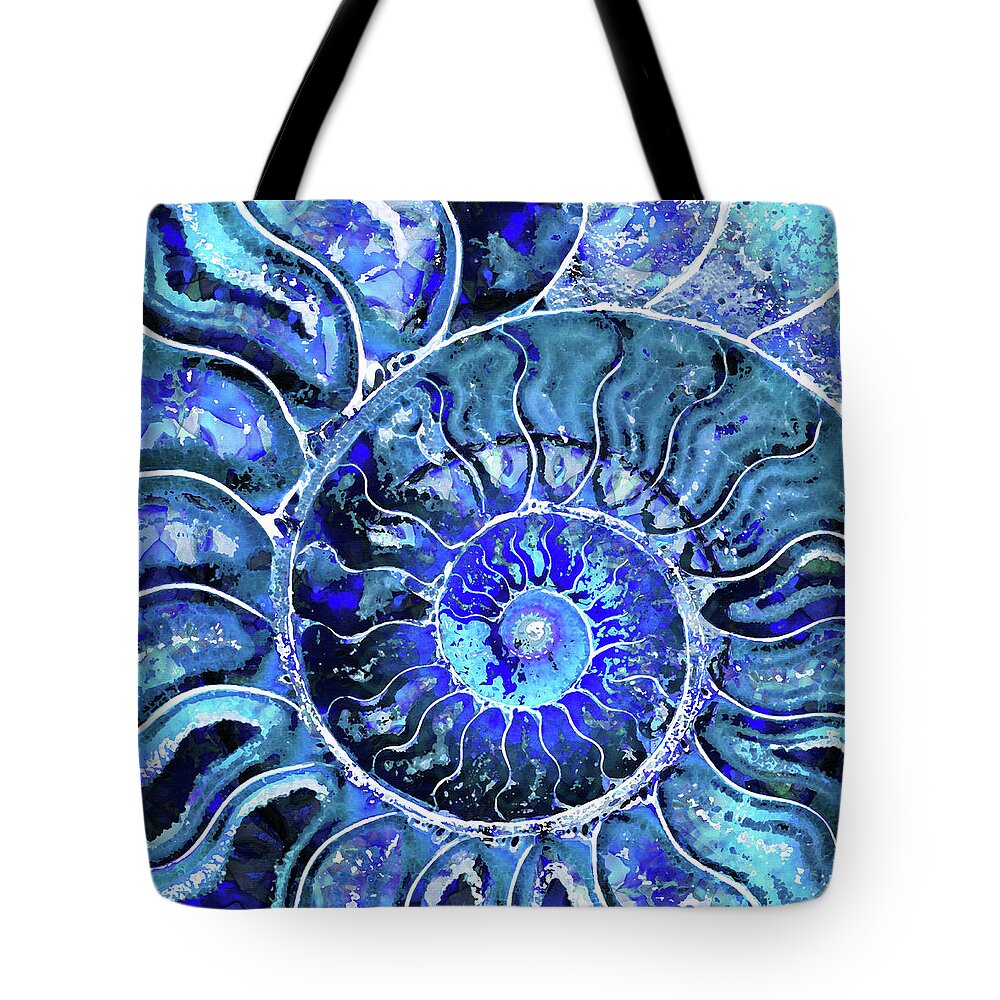 Blue Tote Bag featuring the painting Deep Blue Nautilus Shell Art by Sharon Cummings