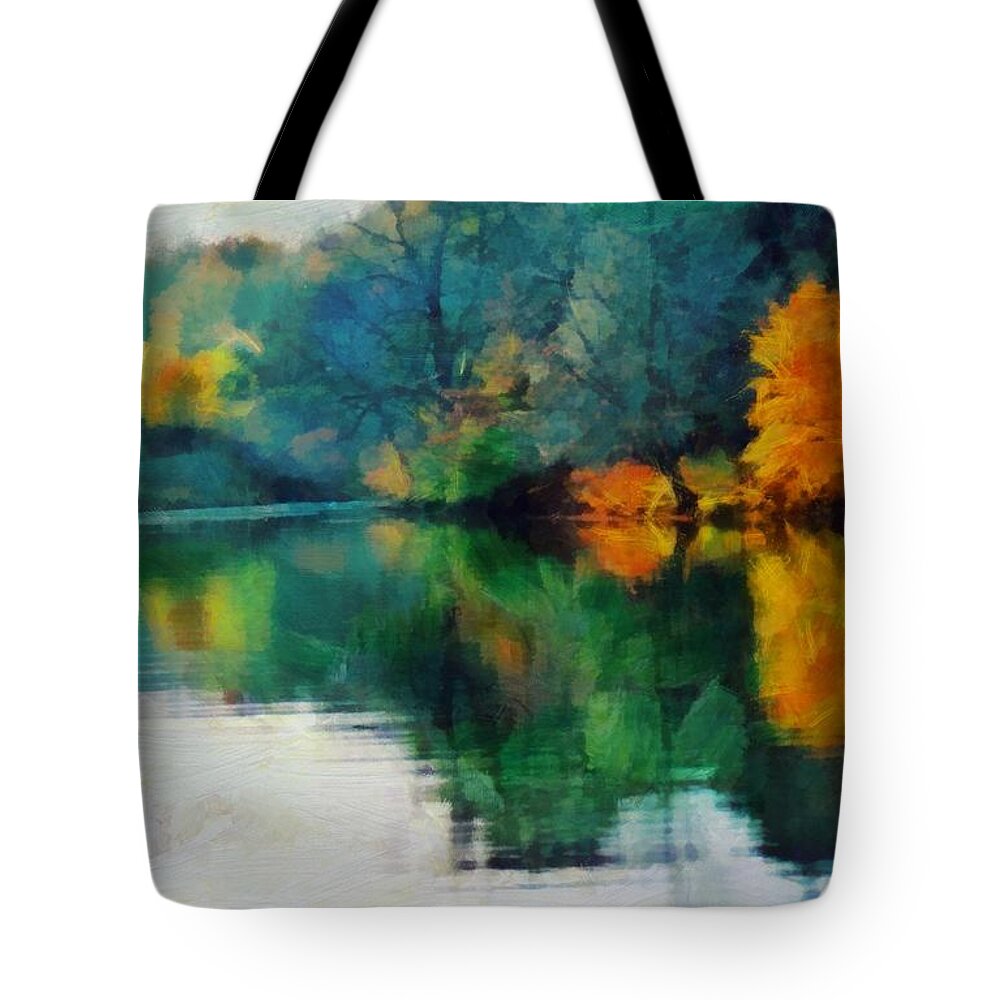 Lake Tote Bag featuring the mixed media Deep Fall on the Lake by Christopher Reed
