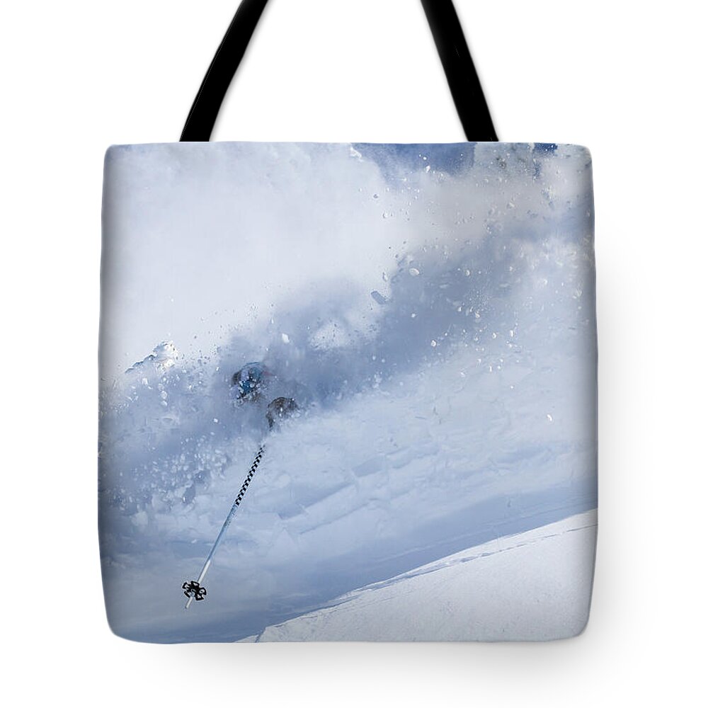 Utah Tote Bag featuring the photograph Deep Powder Skier - Snowbird, Utah - IMG_5472e by Brett Pelletier