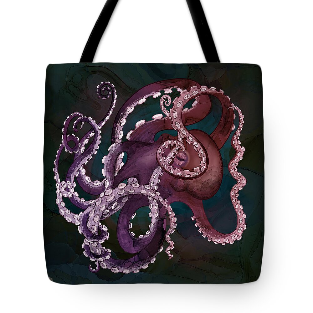 Deep Ocean Tote Bag featuring the digital art Deep Sea Purple Octopus by Andreea Dumez