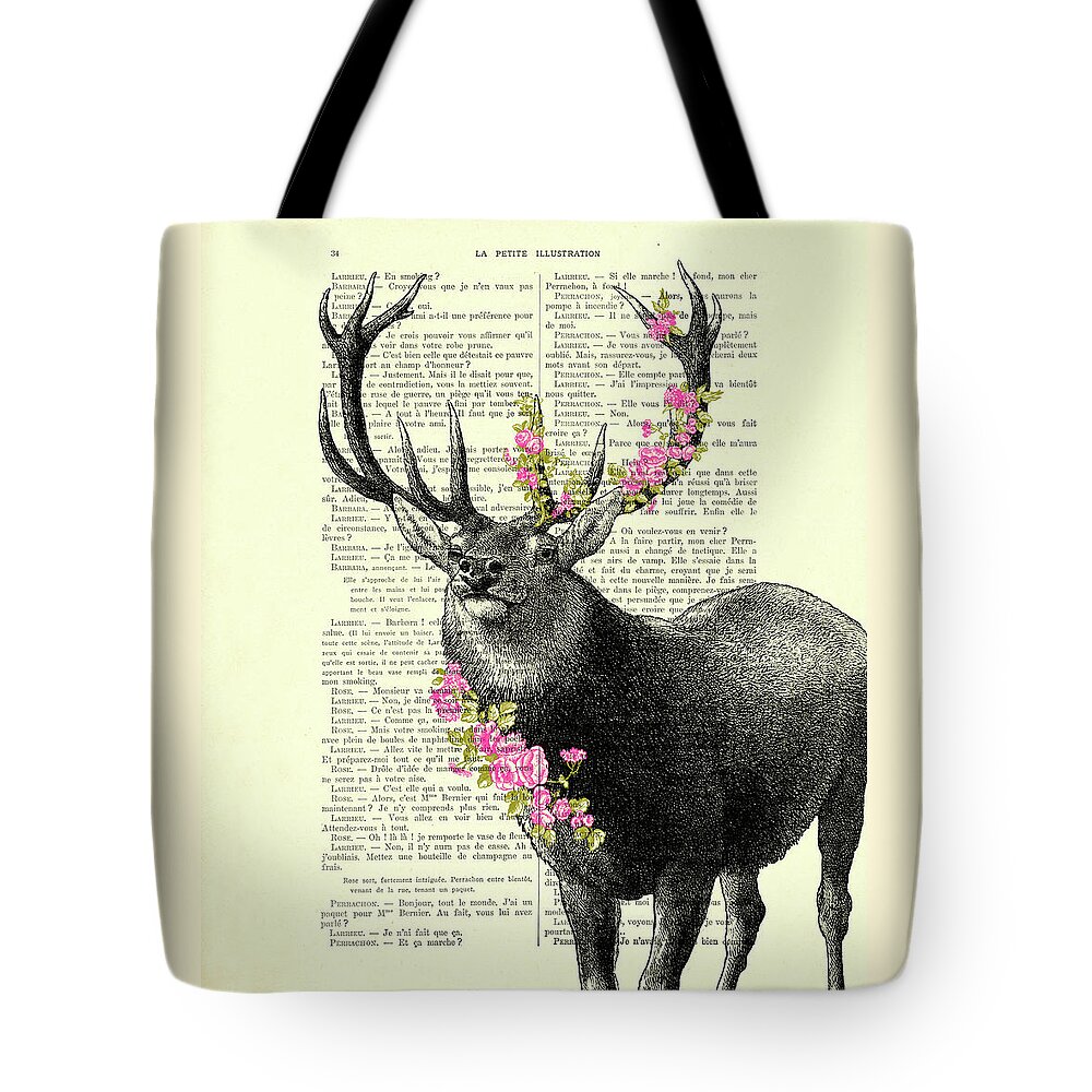 Deer Tote Bag featuring the digital art Deer in black and white with pink blossoms by Madame Memento