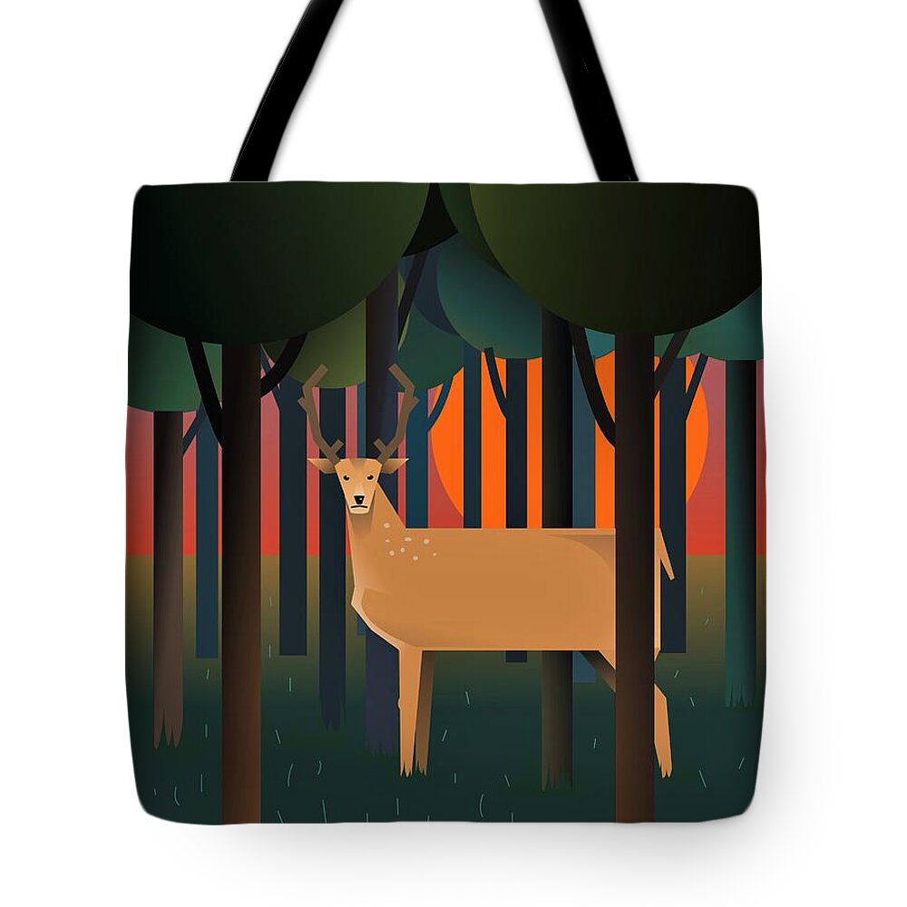 Deer Tote Bag featuring the digital art Deerland Wood by Fatline Graphic Art