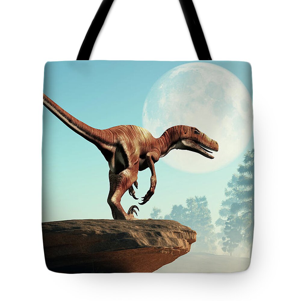 Deinonychus Tote Bag featuring the digital art Deinonychus on a Cliff by Daniel Eskridge