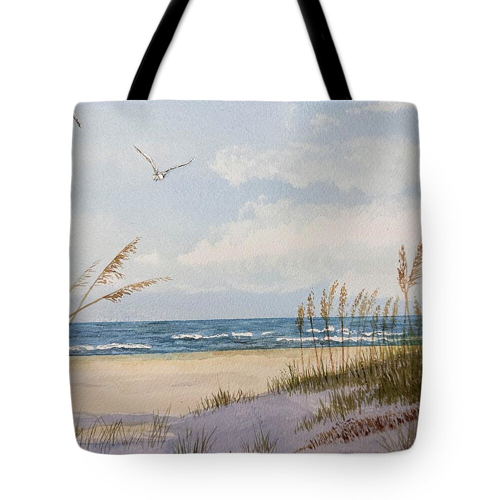 Beach Scene Tote Bag featuring the painting Delaware Beach Grass by Denise Van Deroef