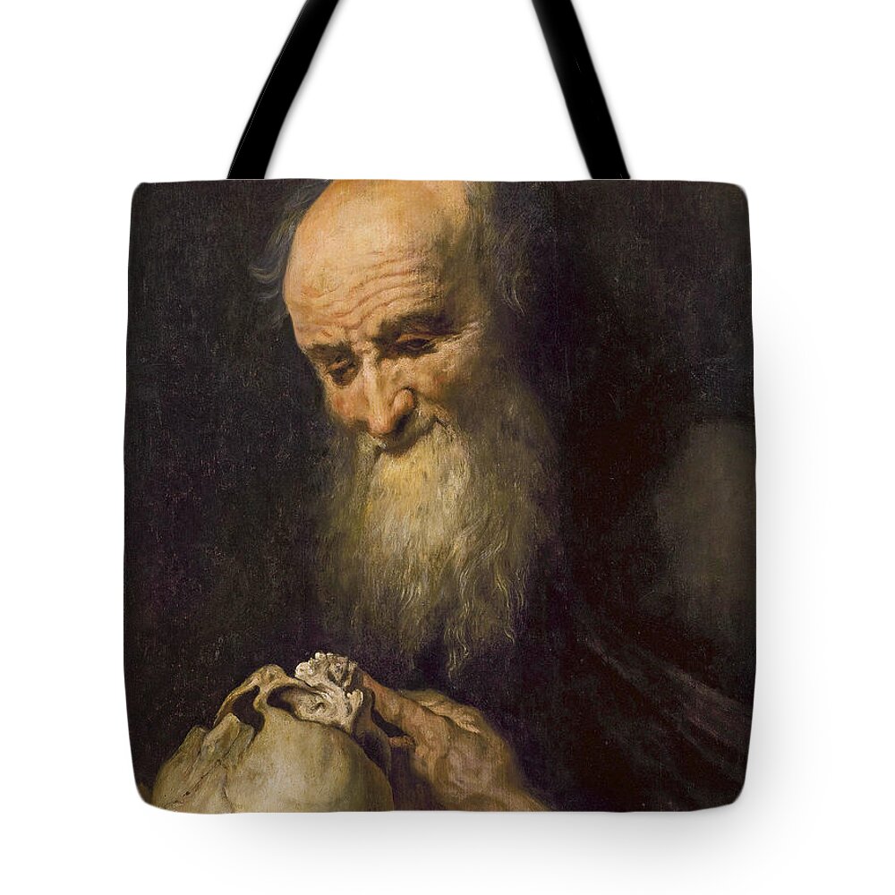Circle Of Jan Cossiers Tote Bag featuring the painting Democritus with a skull by Circle of Jan Cossiers